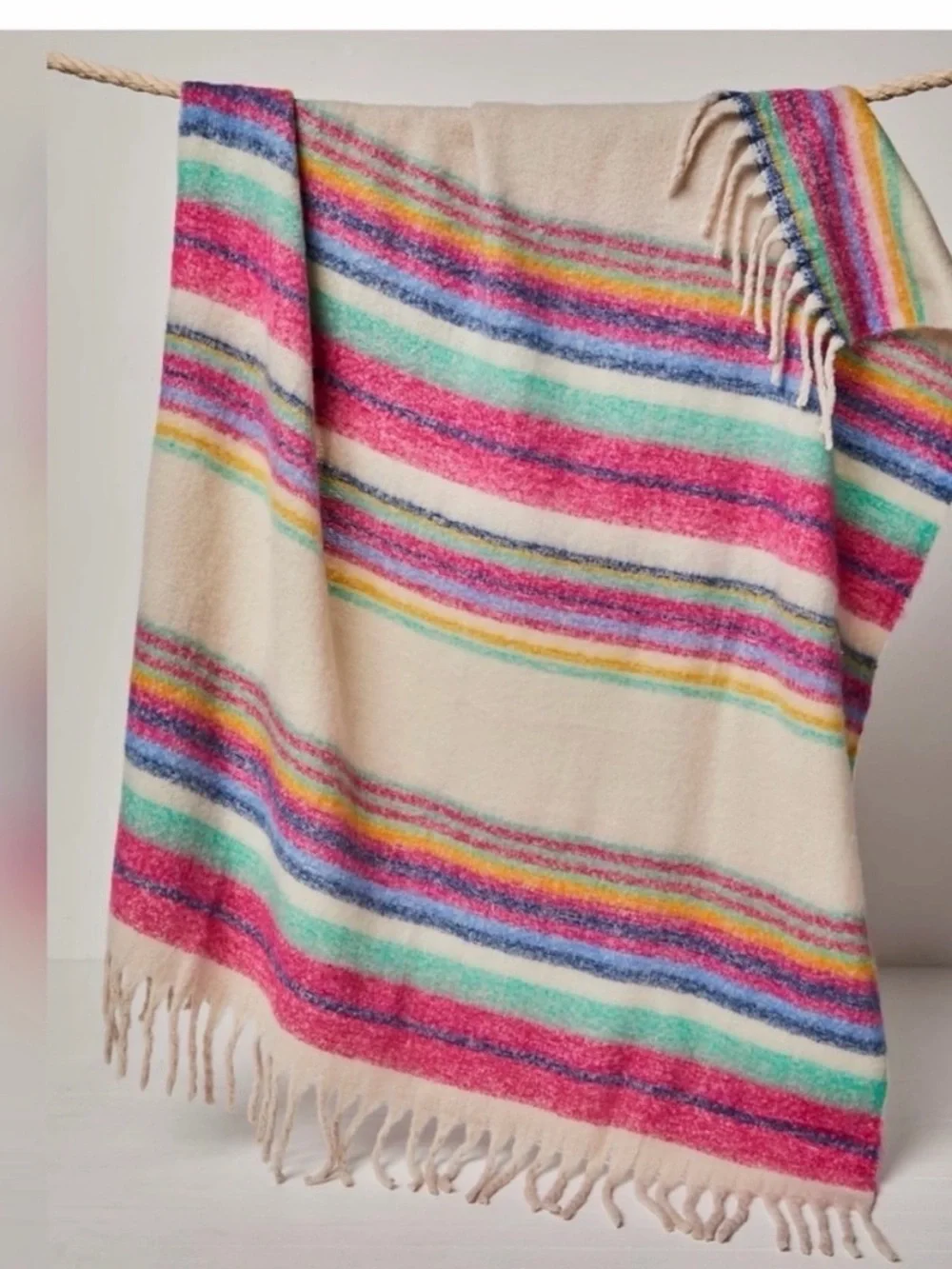 Free People Scarf Womens One Size Pink Skye Stripe Fringe Throw Fuzzy Wrap Boho